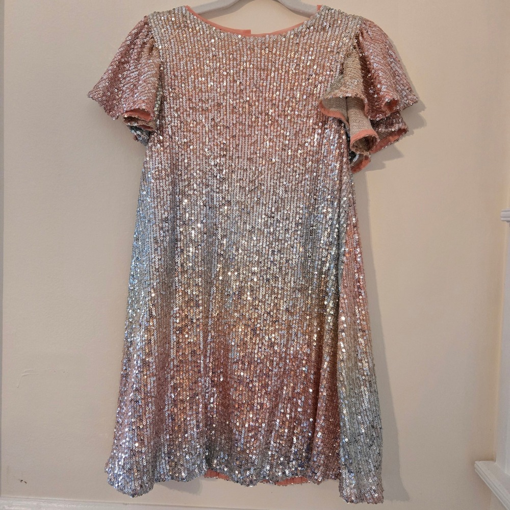 Next Kids‎ Pink Silver Ombre Sequin Party Dress Flutter Sleeve 6yrs K89-849-088 - Picture 2 of 8